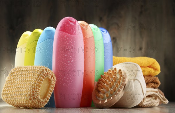 Plastic bottles of body care and beauty products