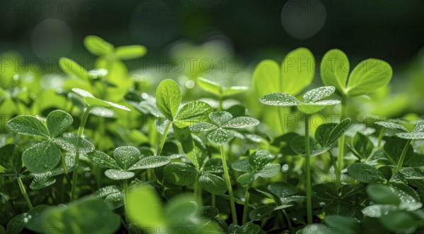 Close-up of dew-covered clovers with a soft-focus background, lentil plants, AI generated