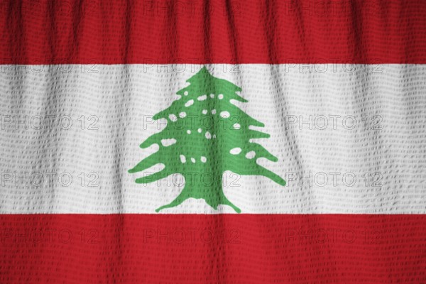 Closeup of Ruffled Lebanon Flag, Lebanon Flag Blowing in Wind