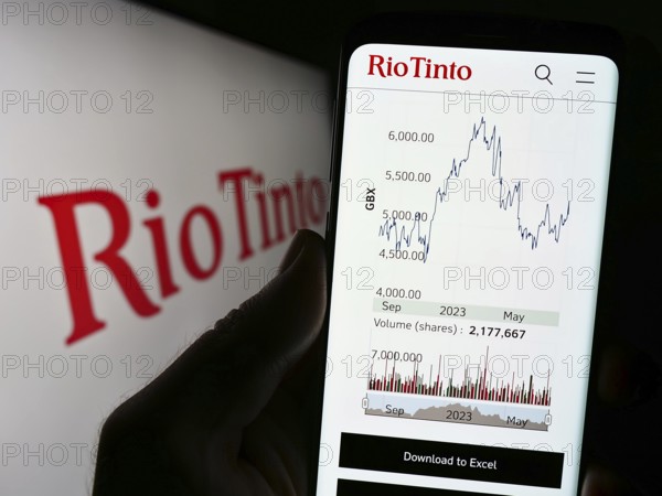 Stuttgart, Germany, 07-27-2023: Person holding cellphone with webpage of mining company Rio Tinto