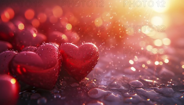 Close-up of shiny red hearts with water droplets, emphasizing love and romance and St valentine, AI