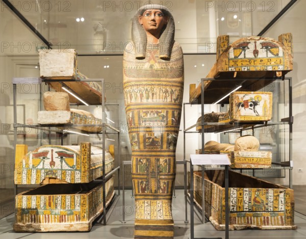 Turin, Italy, June 2022: Egyptian Museum, the Three Systers mummies room, 772, 664 BC. Egyptian