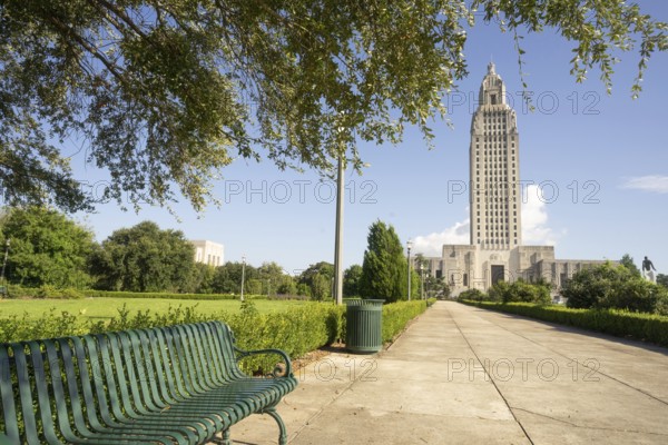 A horizontal composition of the front entrance area at the State Capital Building Baton Rouge