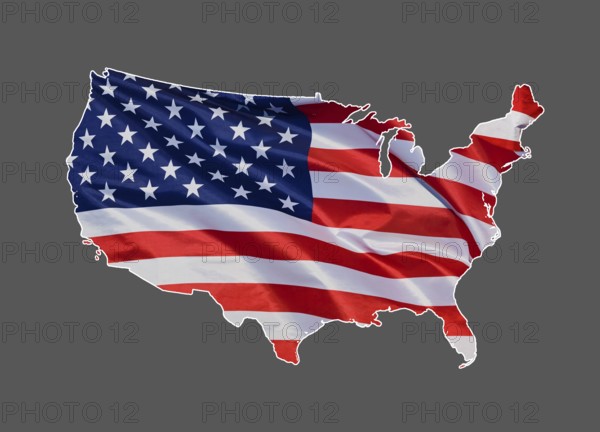 Map, outline of United States of America designed with national flag