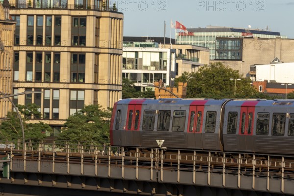Underground, Hamburger Verkehrsverbund HVV, local transport, railway line in the evening light with