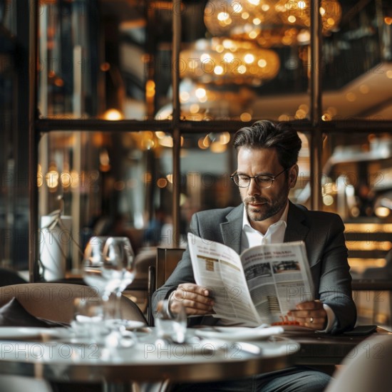 A man in a modern restaurant concentrates on reading a newspaper, Ai, generated, AI generated, AI
