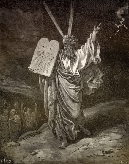 Ten Commandments, Moses descending from Mount Sinai, Old Testament, by Gustave Doré, 1863