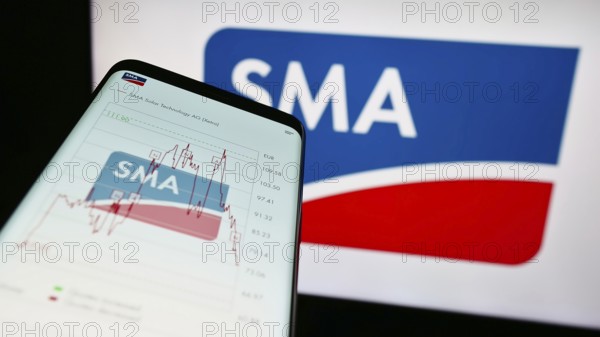 Stuttgart, Germany, 08-21-2023: Mobile phone with website of German company SMA Solar Technology AG