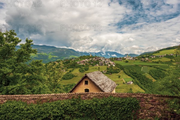 Panoramic view from Prösels Castle of the village of Fiè allo Sciliar (Völs am Schlern) in the