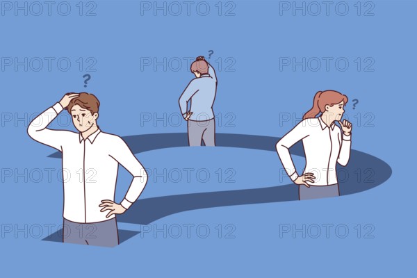 Confused business people are standing inside big question trying to find way out of deadlock.