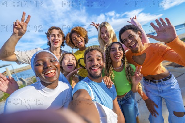 Happy multiracial friends taking a selfie and gesturing outdoors