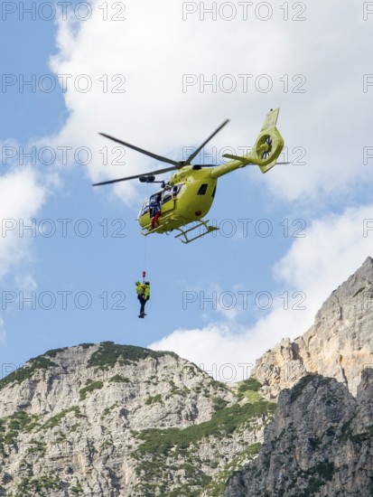 Fiames, Cortina d'Ampezzo, Dolomites, Italy, July, 6, 2022 : Helicopter Rescue Service. Medical