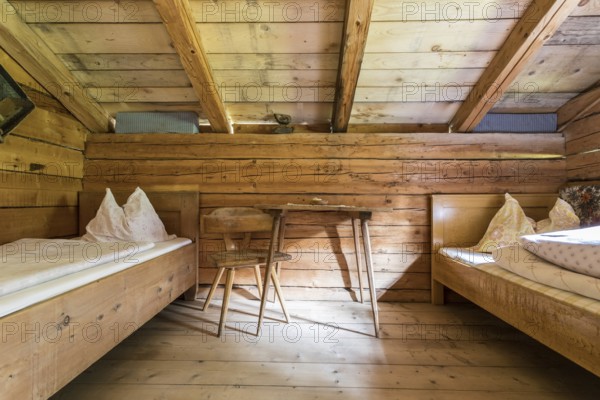 Inside of a rustic wooden alpine hut or cabin, Austria, Europe
