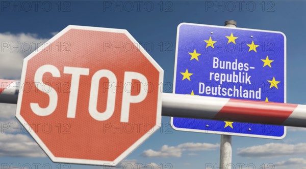 Border control - barrier with stop sign and signpost