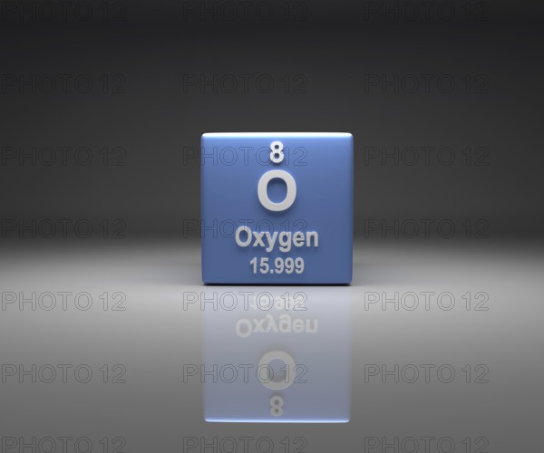 Cube with oxygen number 8 periodic table, 3d rendering