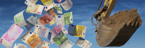 Building-costs - Falling Euro banknotes with excavator shovel and blue sky in background