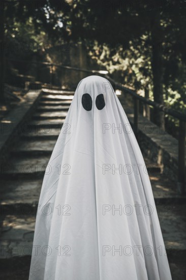 Person ghost costume standing forest