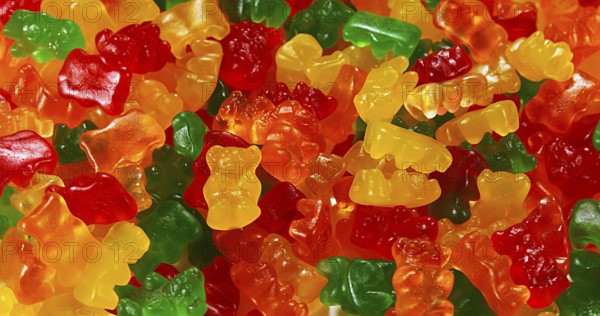 Gold Bears or Gummy Bears falling against White Background