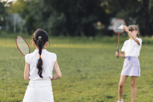 Rear view girl playing badminton with her friend