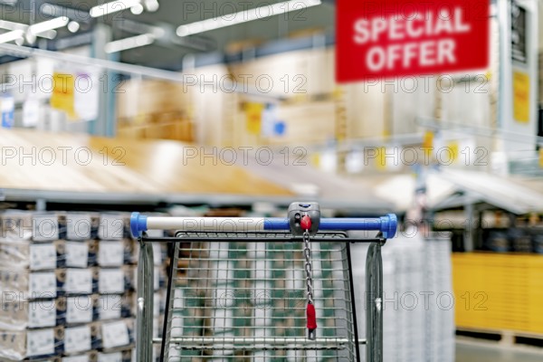 A shopping cart in a home improvement store