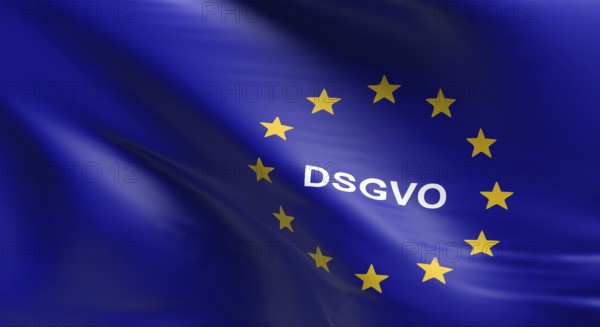 Waving European Union flag with DSGVO, General Data Protection Regulation, 3d rendering