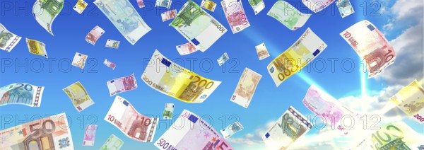 Money rain from the clouds in the sunshine