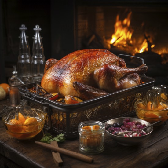 Crispy Christmas goose in a rustic setting on a table, AI generated