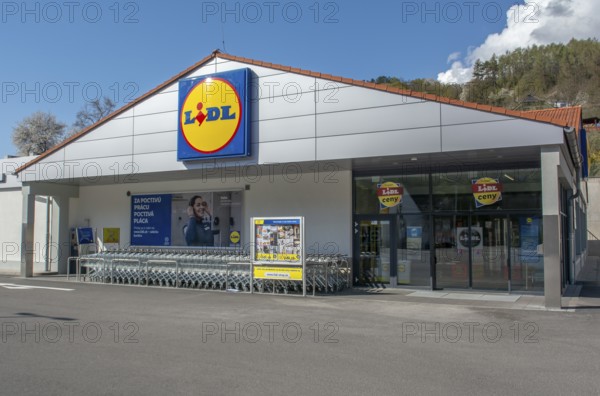 Nova Bana, Slovakia, March, 18, 2022 : Lidl shop Sign. Brand logo. Lidl is a German international