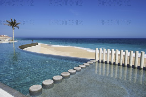 Modern infinity pool overlooking a sandy beach and the ocean under a clear blue sky, in the coast