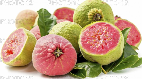 Pile of pink and green guavas with leaves, some cut open, AI generated