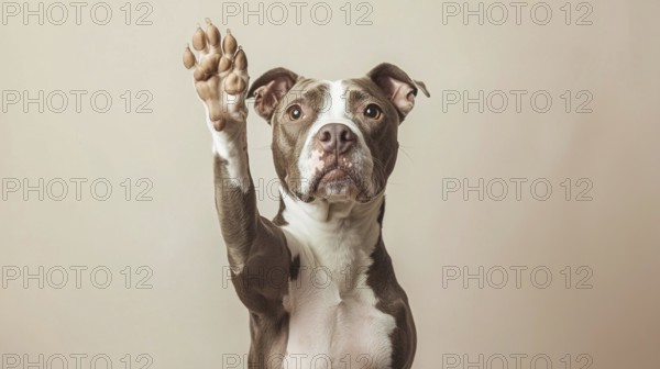 Mixed color dog with a raised paw against a light background, AI generated