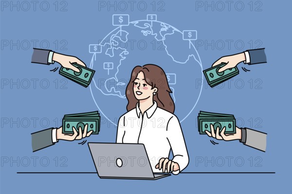 Successful businesswoman work online on computer get contracts around the world. Female freelancer