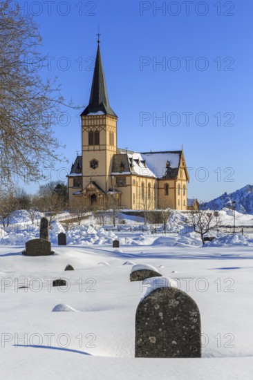 Snow-covered tombs, Vågan Church, Lofoten Cathedral in winter, Kabelvåg, Lofoten, Nordland, Norway,