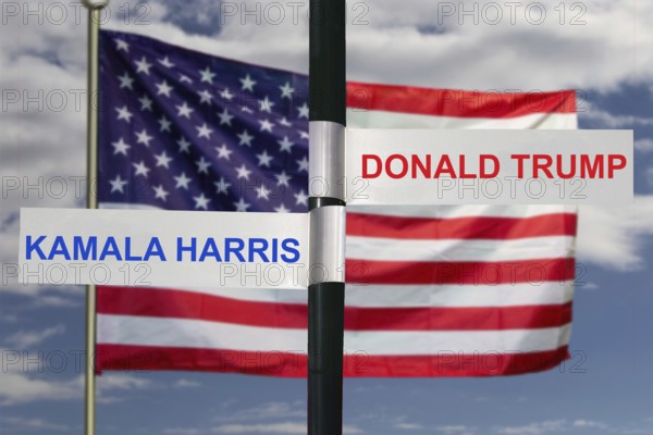 Symbolic image presidential election USA 2024: Sign with the names of Kamala Harris and Donald