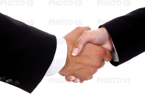Handshake between man and woman, greeting, signing a contract, studio