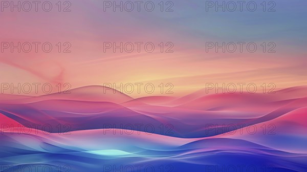 Tranquil abstract hilly landscape with pastel gradients of purple, blue, and red, evoking twilight