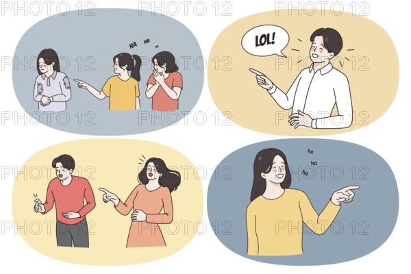 Having fun and laughing concept. Set of young positive people smiling pointing with fingers