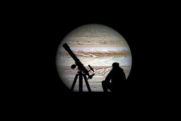 Man with telescope looking at the stars. Jupiter planet, isolated on black. Elements of this image