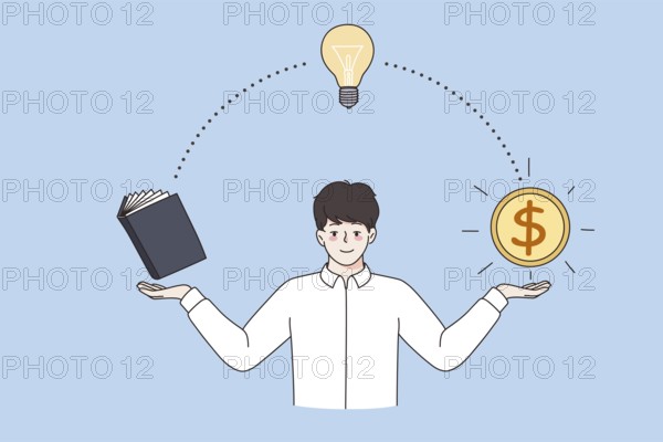 From knowledge to making money concept. Young man worker standing pointing at direction from book
