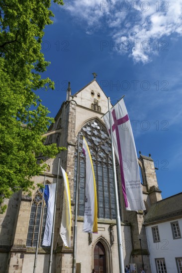 Church flags flying in front of Altenberg Cathedral (also known as Bergischer Dom), former
