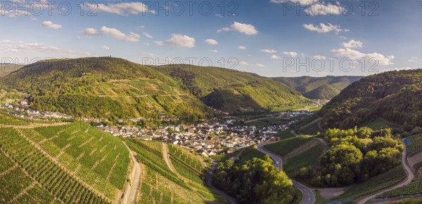 Aerial view of the Ahr valley on a sunny summer day on the red wine hiking trail