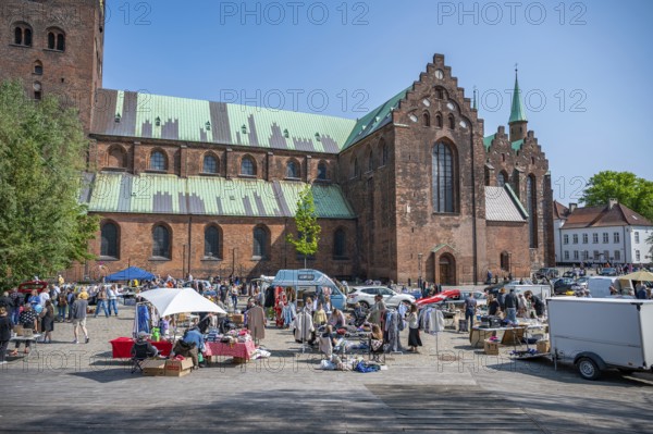 Flea market, art market in the front of the Aarhus Cathedral with lots of different stalls,