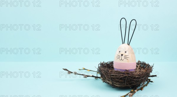 Easter bunny or rabbit sitting in a bird nest, willow branches, wooden egg, spring holiday, brown