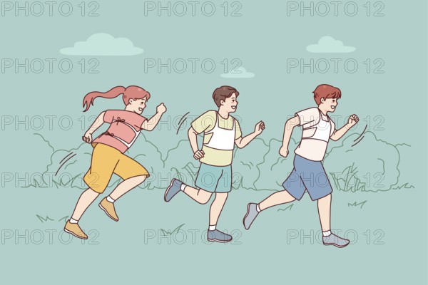 Happy children running outdoors on marathon. Smiling kids jog participate in run competition. Sport