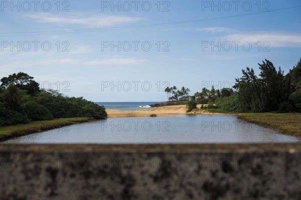 A view of Waimea Beach from the highway, Oahu, Hawaii, United States, North America