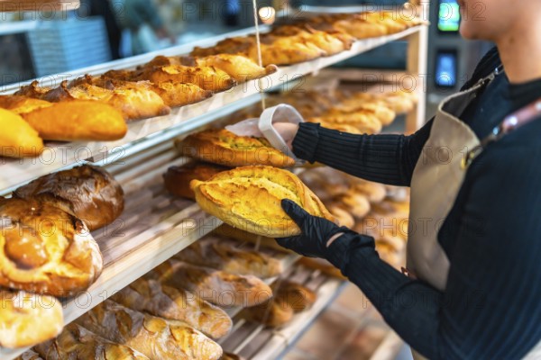 Close-up of hands of a woman using gloves to arrange artisan bread in shop shelf