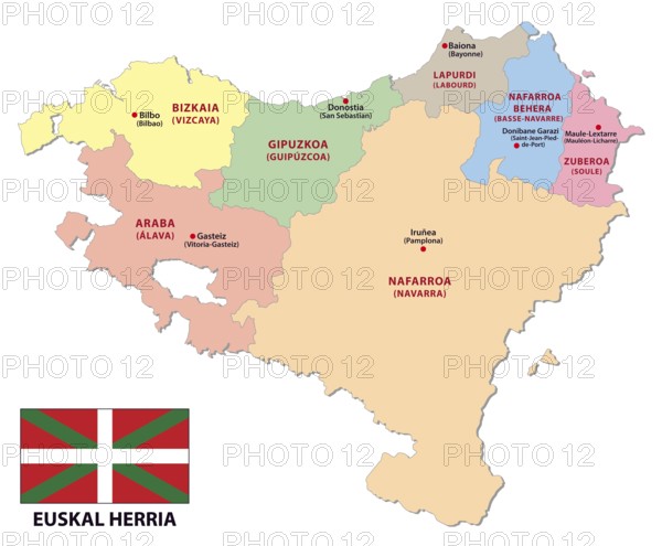 Administrative of the french and spanish part of the basque country with flag