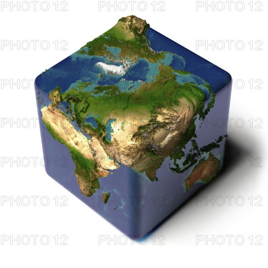 Earth as a cube with a shadow, with a translucent water, detailed relief map of the continents and