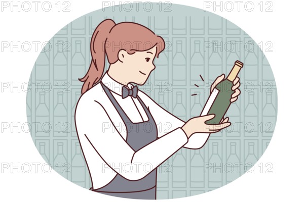 Smiling waitress in apron choosing wine in cellar. Happy female sommelier make choice about drink