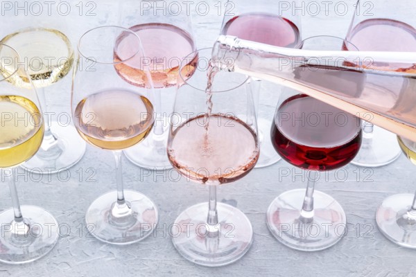 Rose wine pour into a glass at a tasting. Rose, red, and white wine, drinks on a table at a winery.